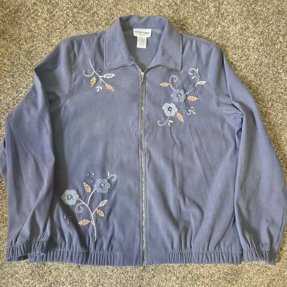 Alfred Dunner Petite Womens 8P Blue Floral Embroidered Zip Front Ribbed Jacket - Picture 3 of 6
